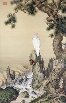 Vogel Werke - Lang glänzt weißer Vogel in der Nähe von Wasserfall alte China Tinte Giuseppe Castiglione Vögel